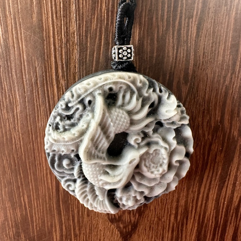 Tai Chi Stone Phoenix an Dragon Pendant Necklace on Black Adjustable Rope - Picture 5 of 13